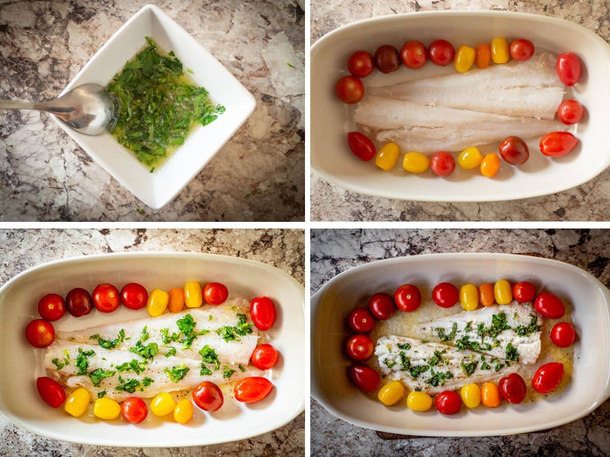 Collage showing the steps of how to make herb roasted cod and cherry tomatoes.