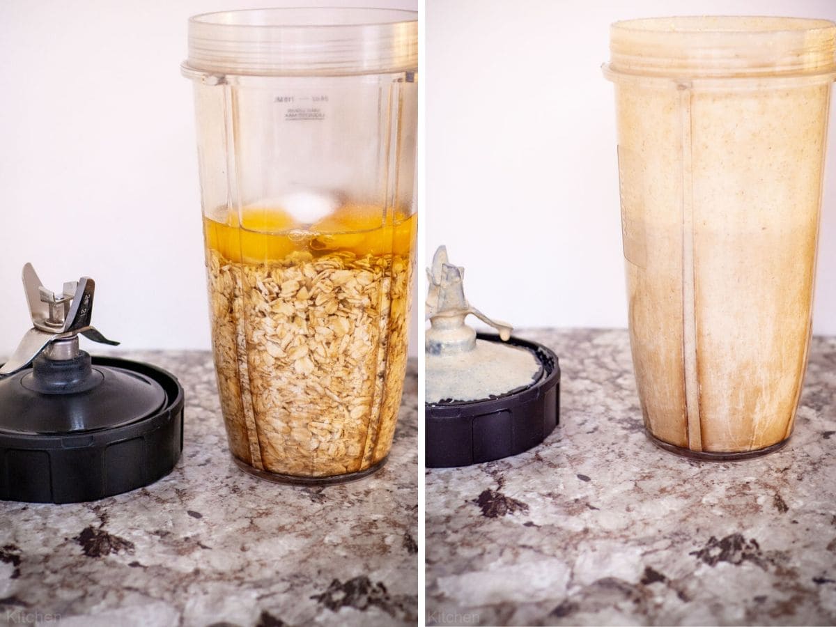 Blender cup filled with ingredients before and after blending batter.