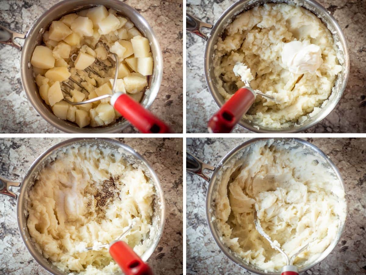 Potatoes mashed by hand in a pot.