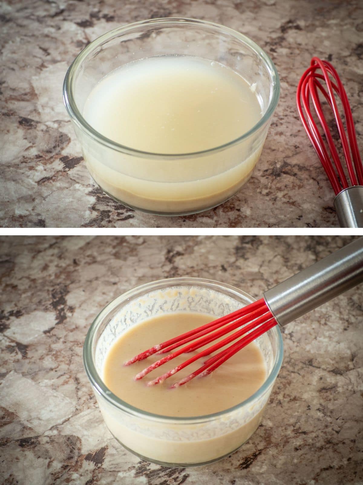 Bowl of lemon tahini dressing being whisked together.