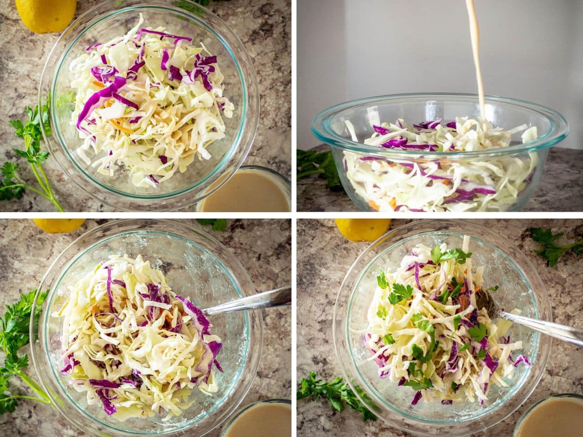 Lemon tahini slaw mixed in a bowl.