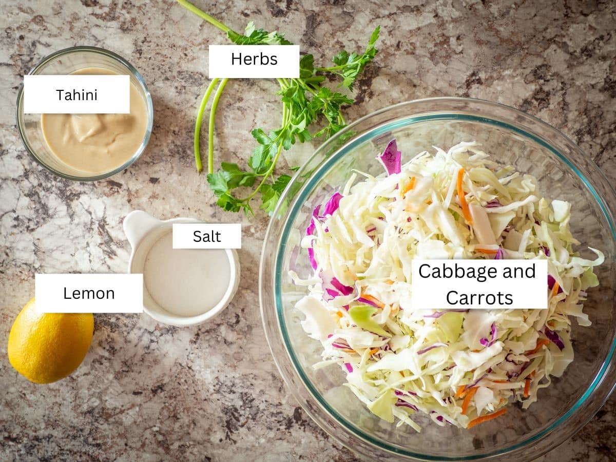 Ingredients for lemon tahini slaw.