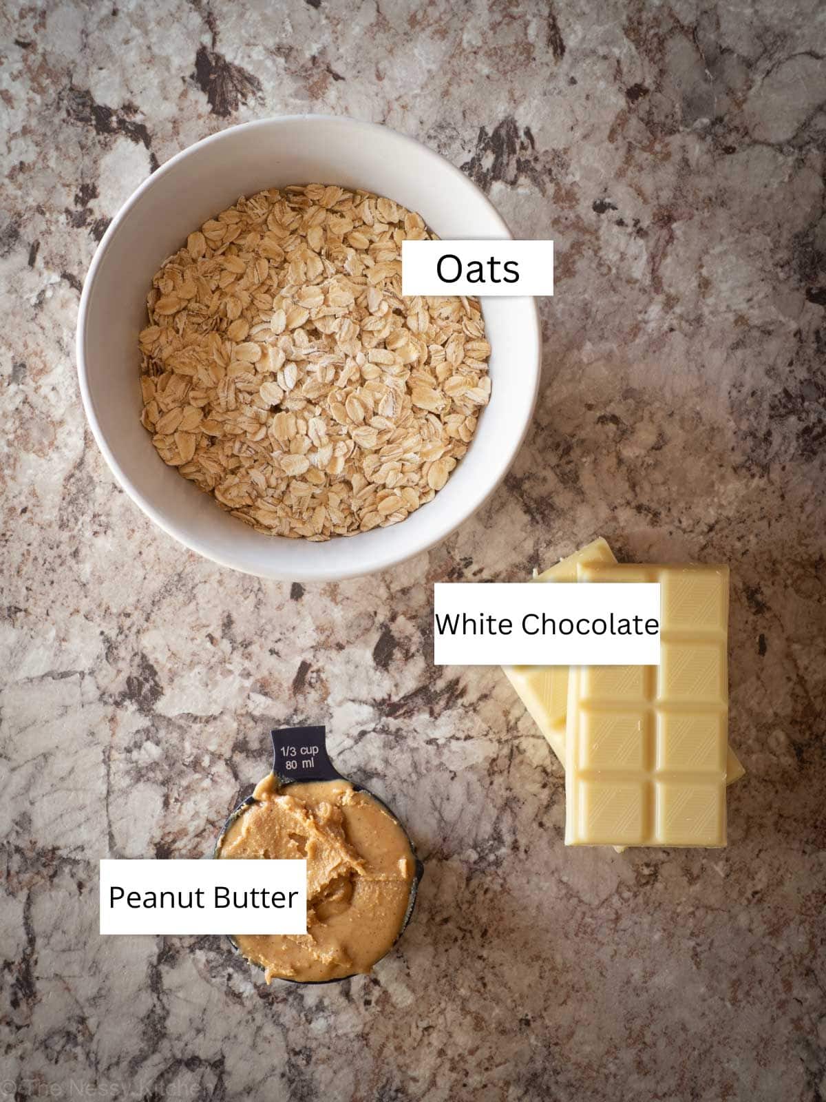 Ingredients for no bake white chocolate peanut butter cookies.
