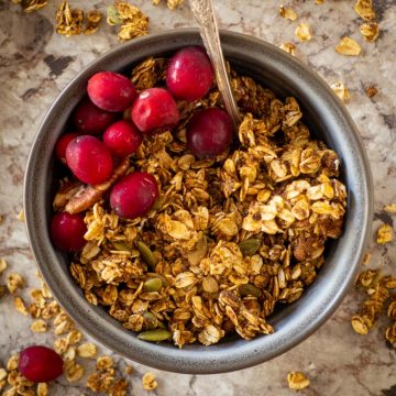 Grey bowl filled with granola and topped with cranberries.