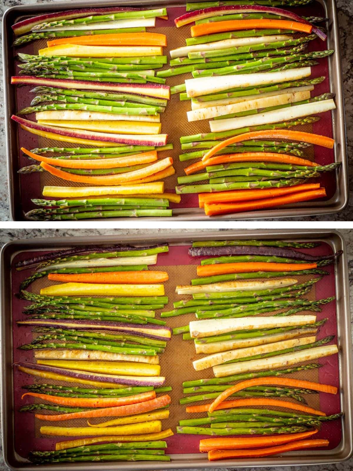 Carrots and asparagus spread out in a single layer on a sheet pan.