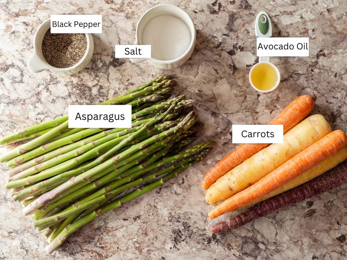 Ingredients for roasted carrots and asparagus.