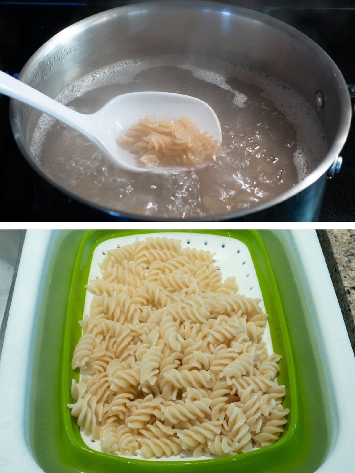 Pasta in a pot being cooked and then drained in a colander.