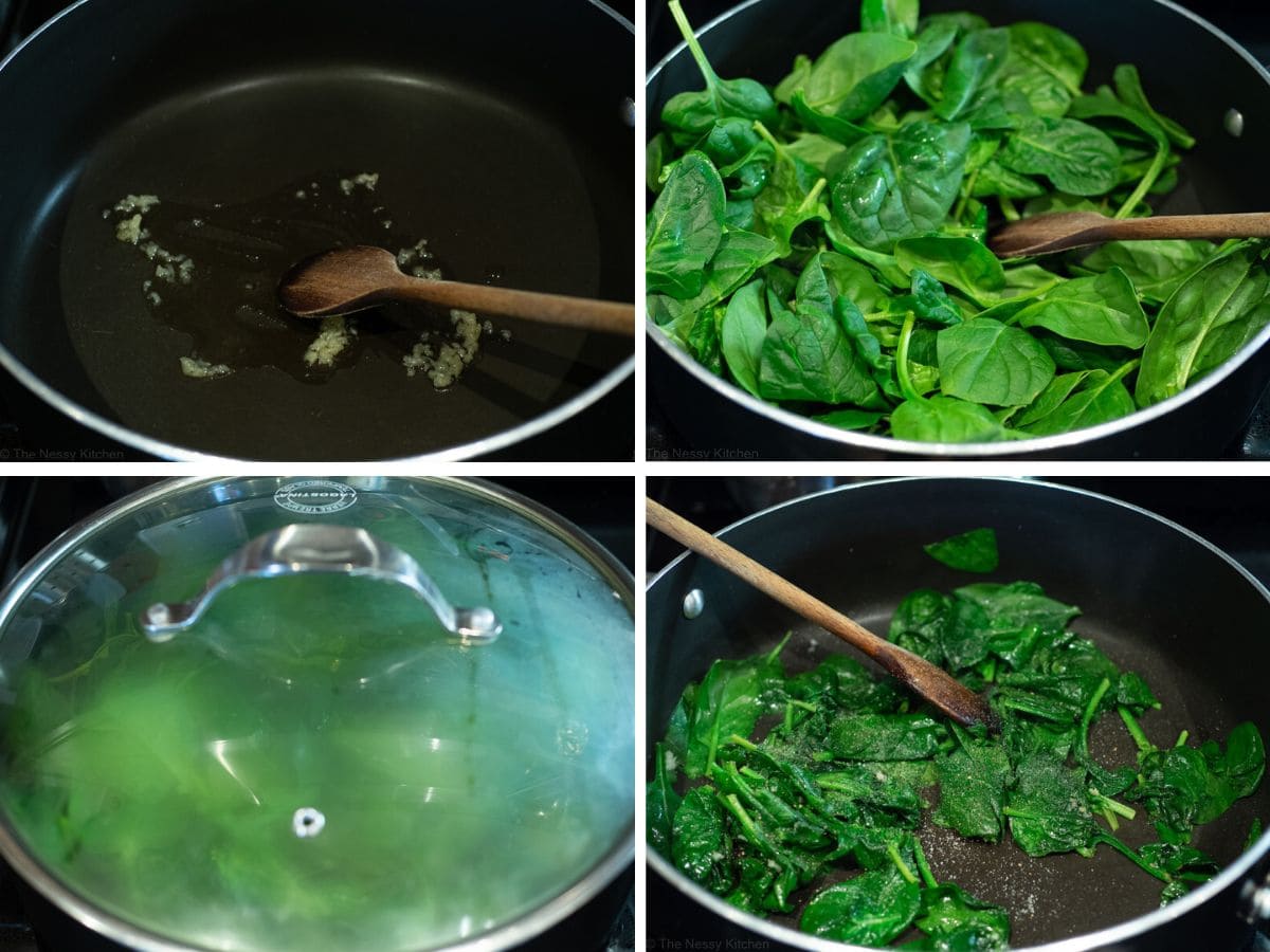 Spinach being cooked in a large skillet.