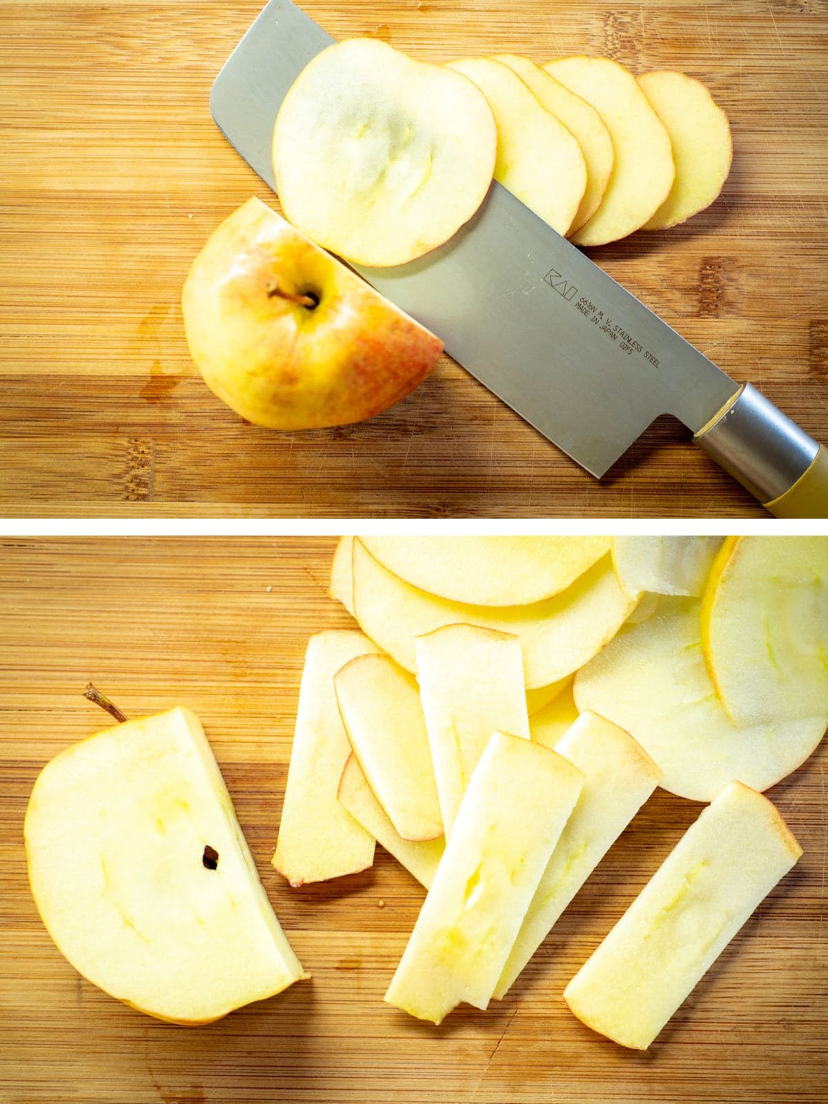 Apples thinly sliced on a cutting board.