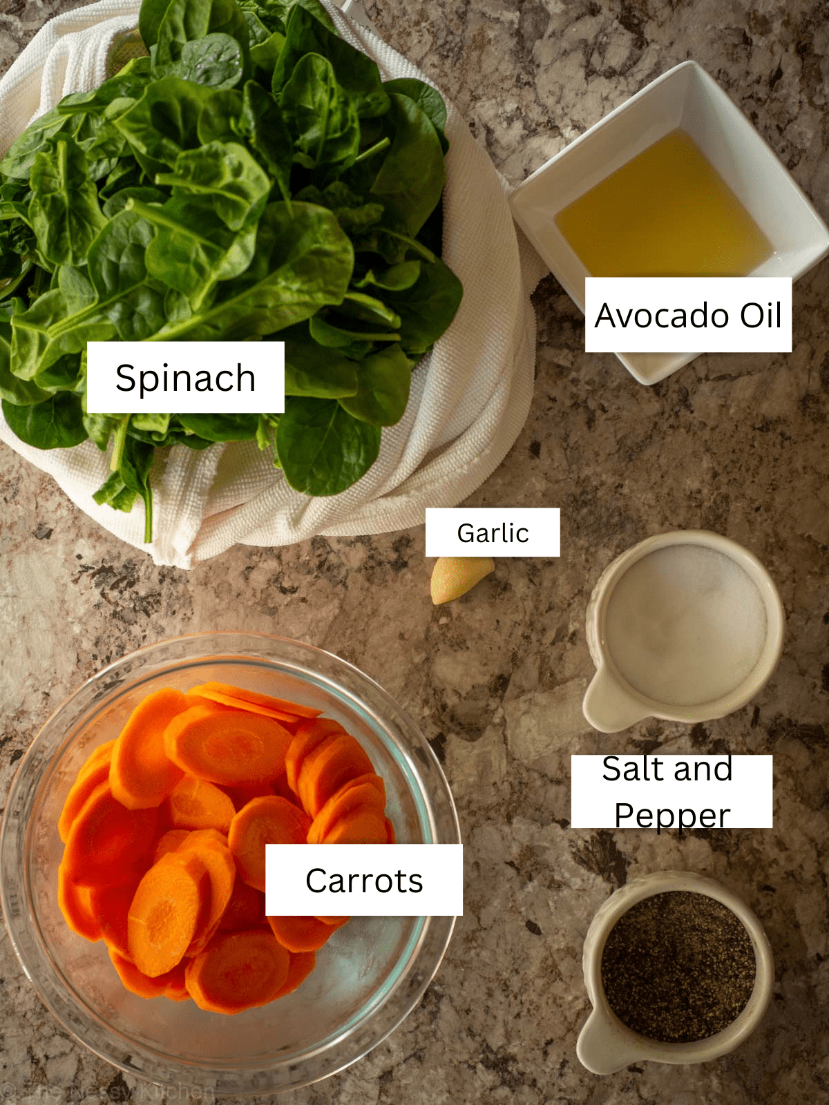 Ingredients for spinach and carrot recipe.