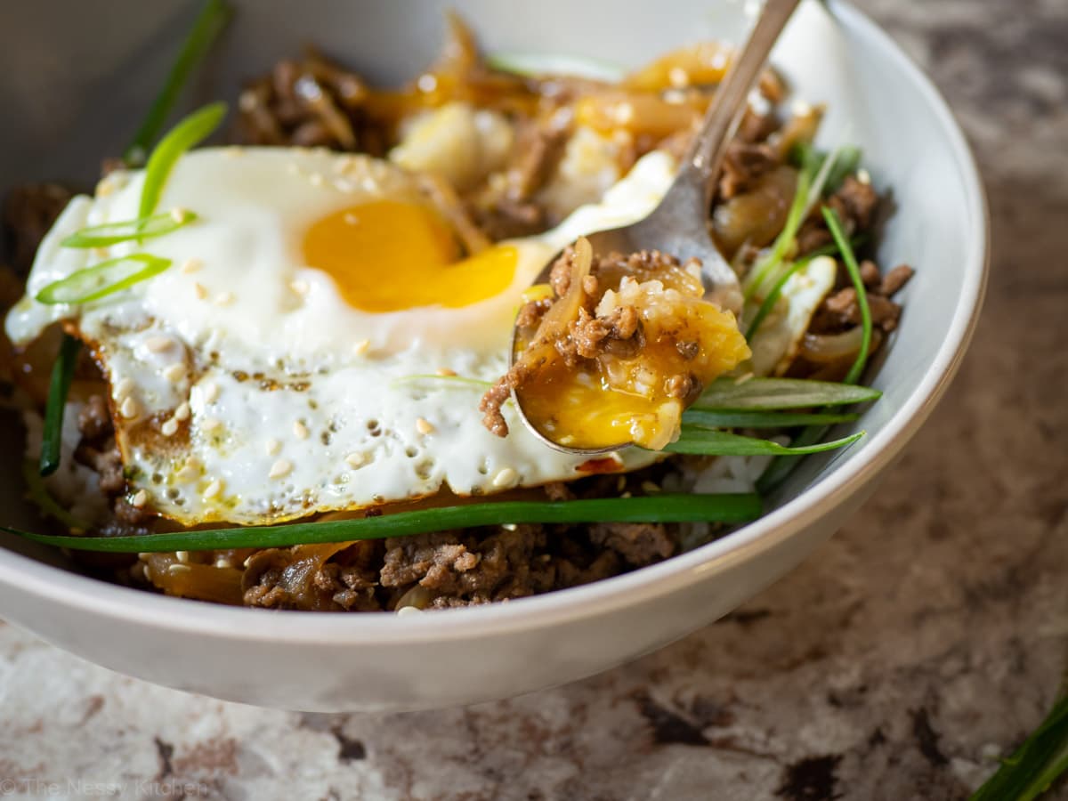 Spoon taking a bite out of the beef and rice bowl.