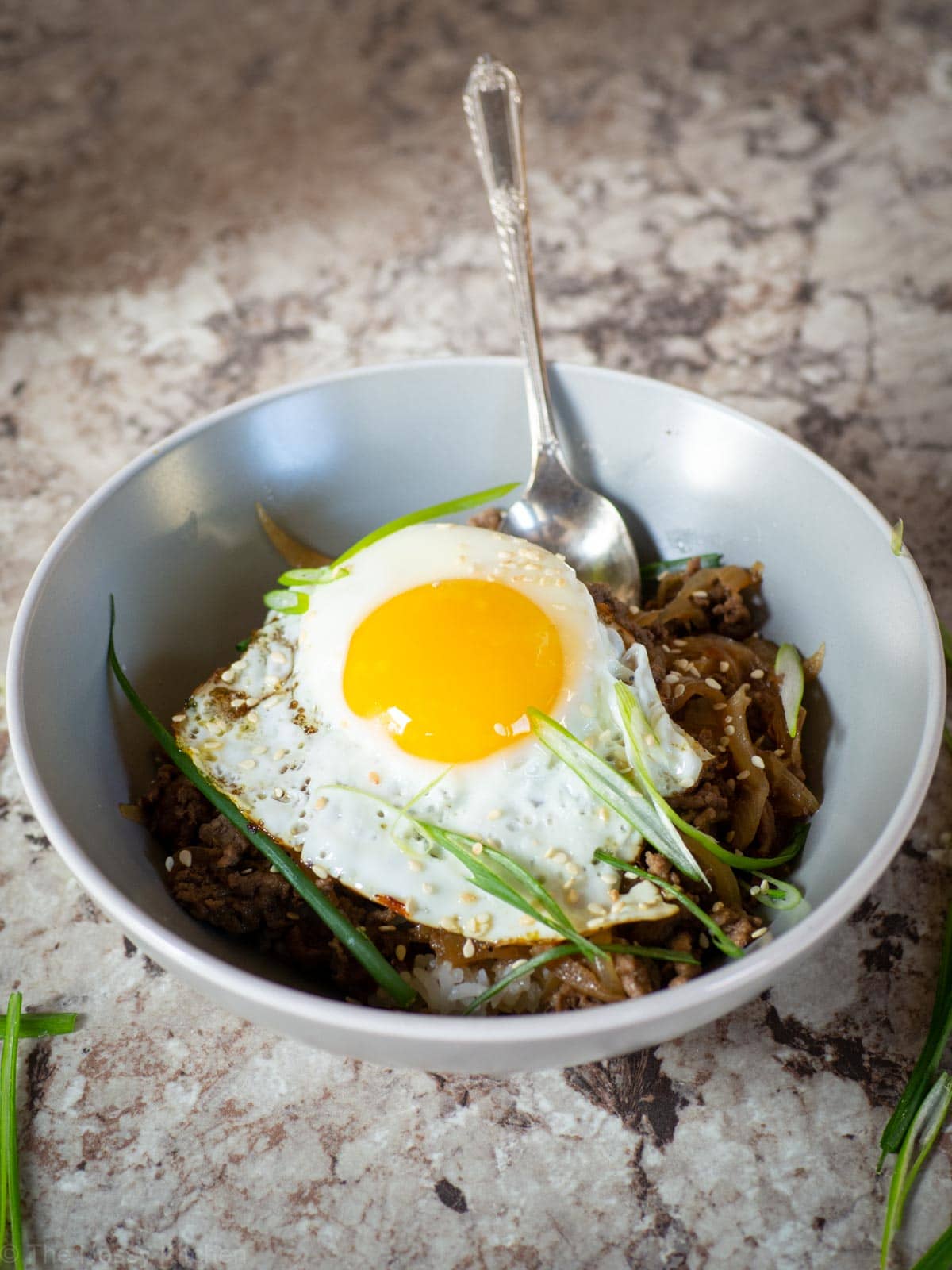 Bowl of rice topped with beef and an over easy egg.