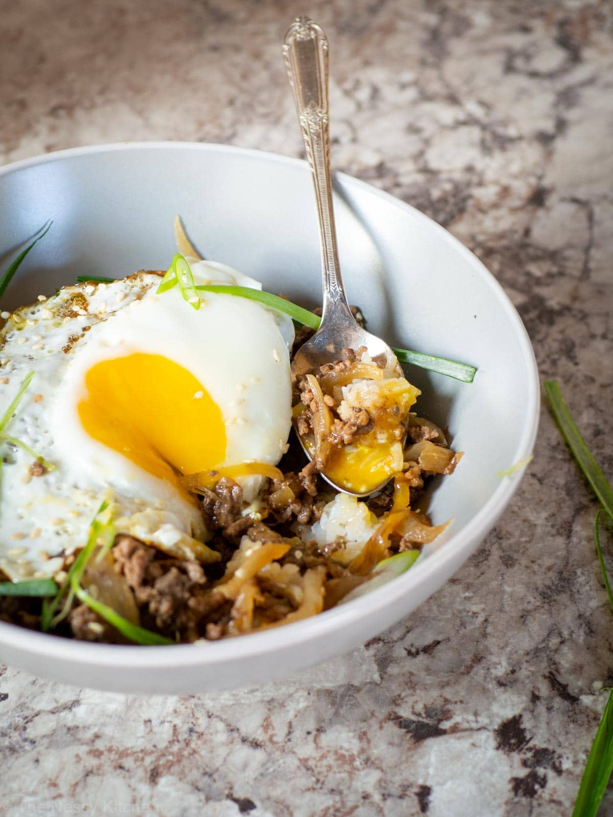 Bowl of beef and rice with a fried egg over easy on top.