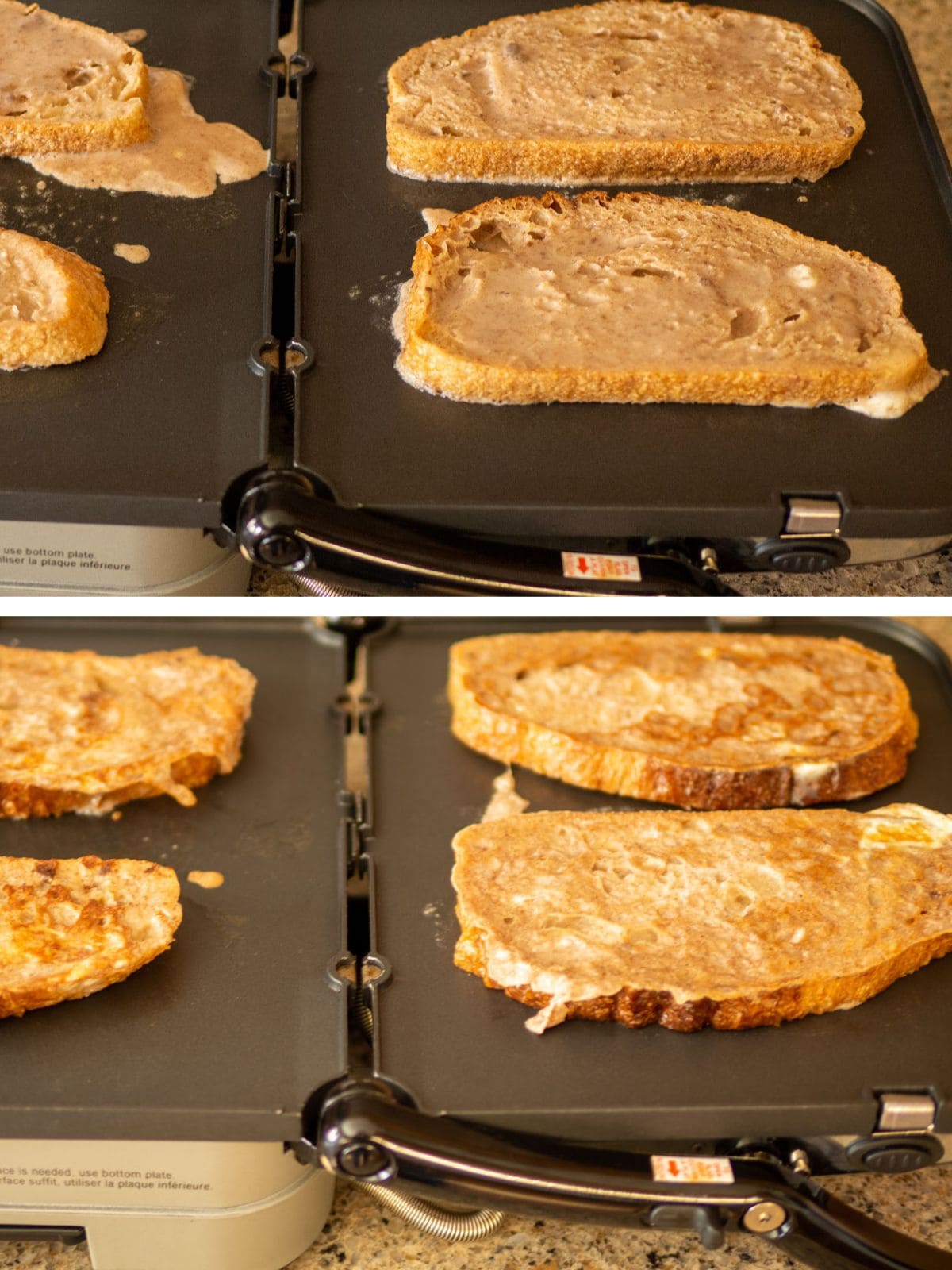 French toast cooking on a griddle.