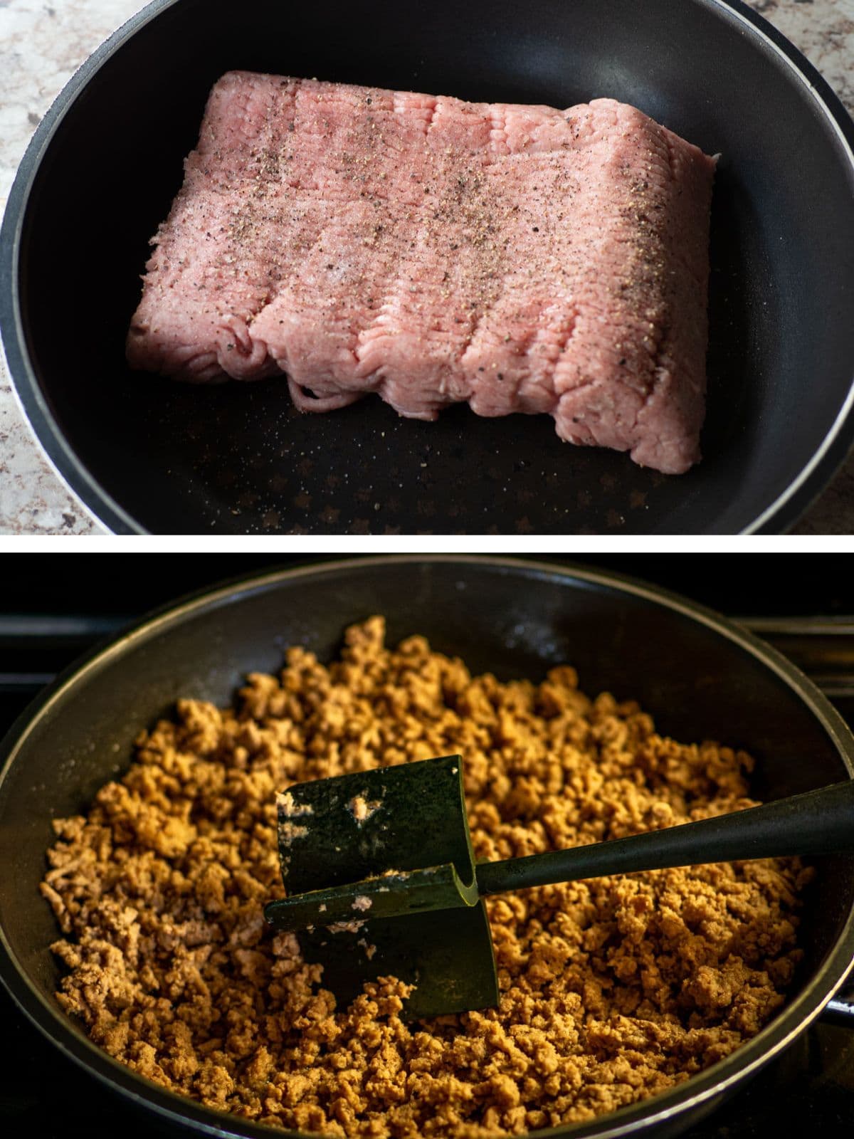 Ground turkey browned in a skillet.