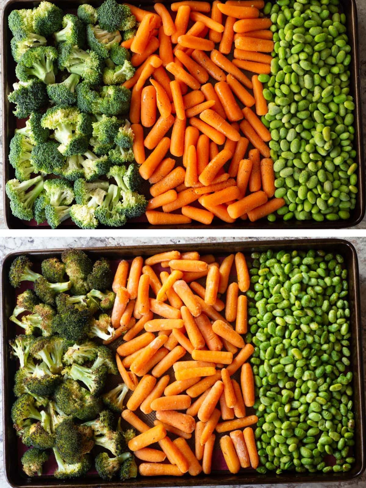 Broccoli, carrots and edamame on a sheet pan.