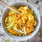 Grey bowl full of Singapore noodles.