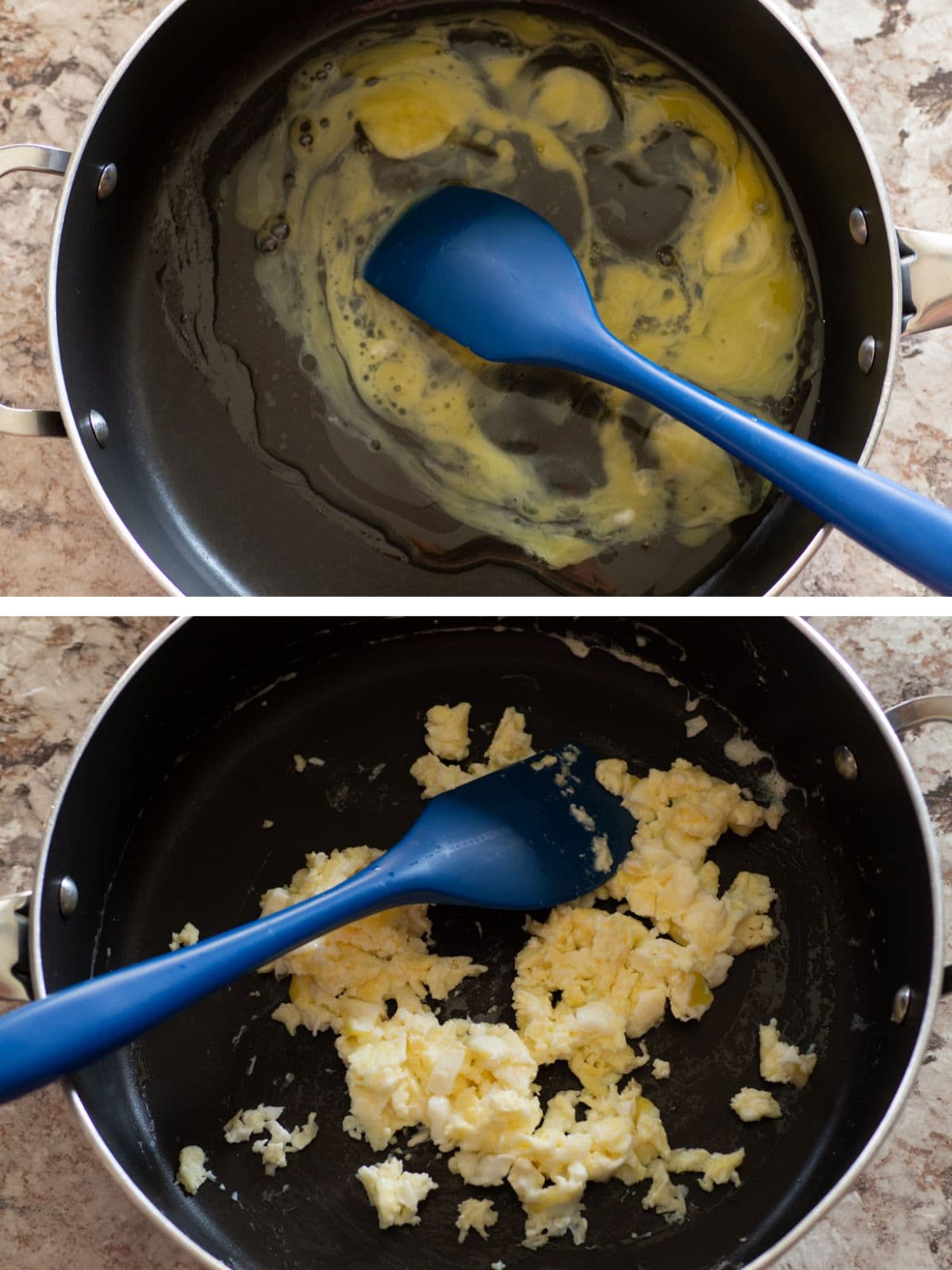 Egg scrambled in a large frying pan.