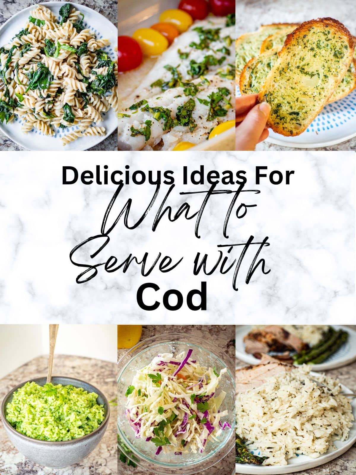 Collage of side dishes that pair with cod.