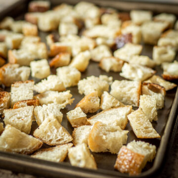 Croutons on a baking sheet.