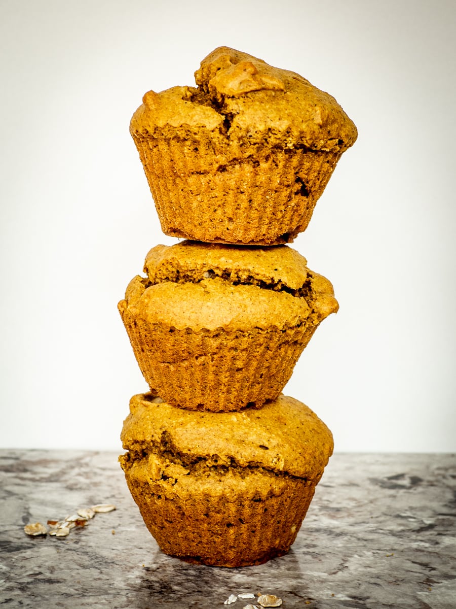 Three muffins stacked on top of each other.