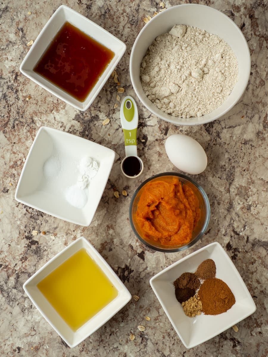 Ingredients for oat flour pumpkin muffins.