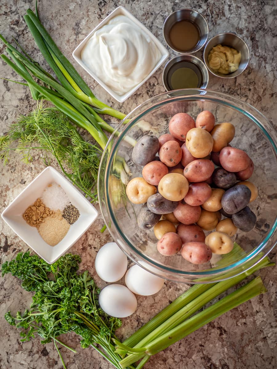 Ingredients for Greek yogurt potato salad.