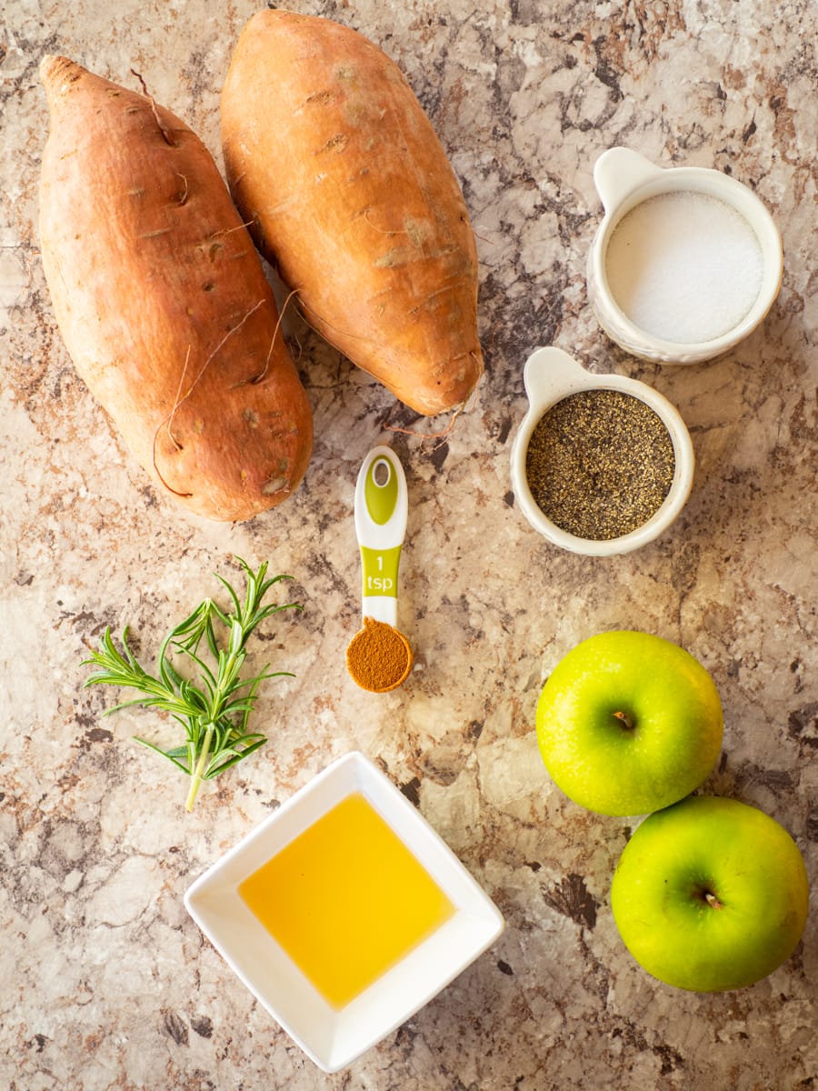 Ingredients for roasted apples and sweet potatoes.