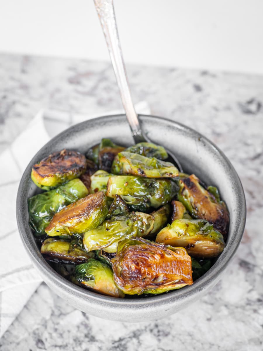 Serving bowl of Brussels sprouts.