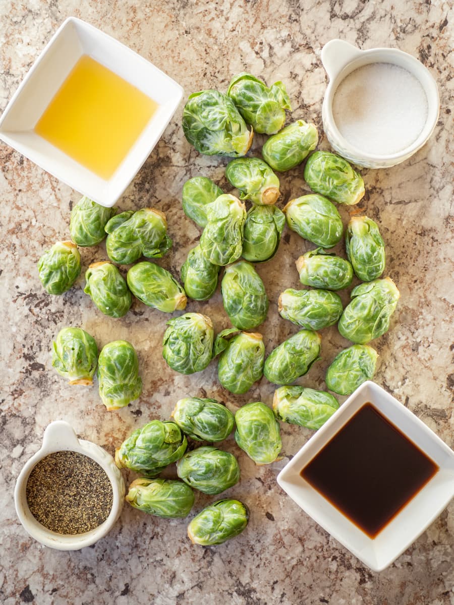 Ingredients for balsamic sautéed Brussels sprouts.