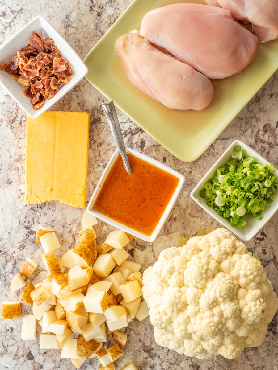 Ingredients for Buffalo chicken and potato casserole.