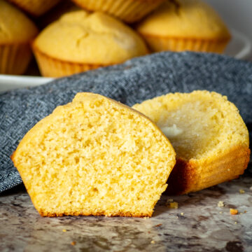 Cornbread muffin sliced in half.