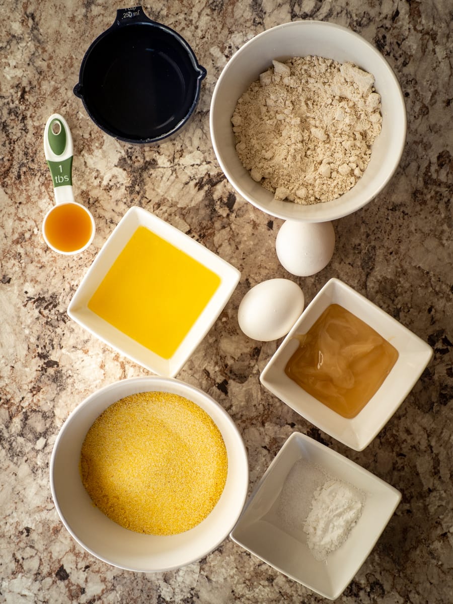 Ingredients for oat flour cornbread muffins.