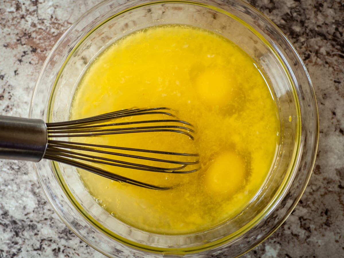 Wet ingredients mixed together in a bowl.