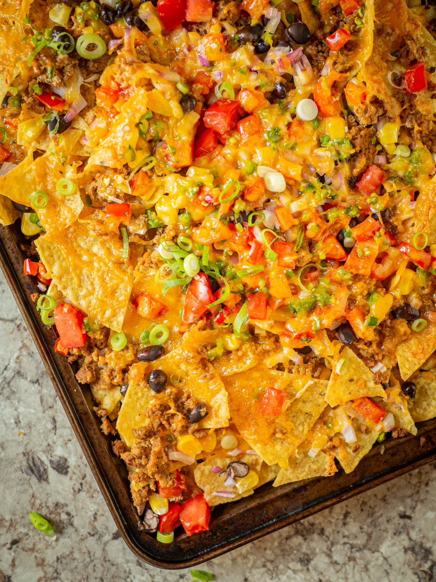 Sheet pan of ground turkey nachos.