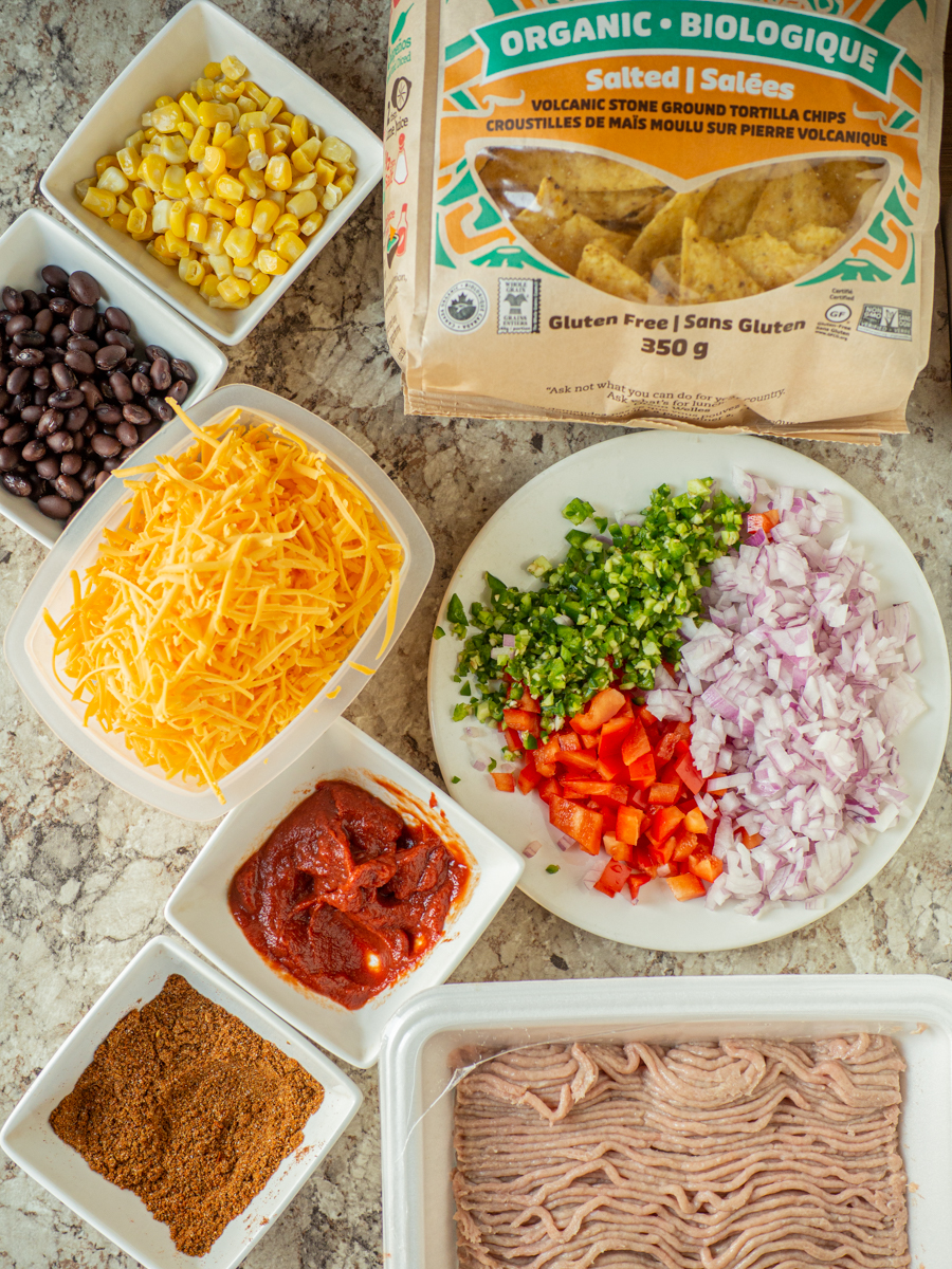 Ingredients for ground turkey nachos.