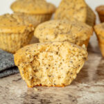 Fluffy lemon poppyseed muffin with a bite taken out.