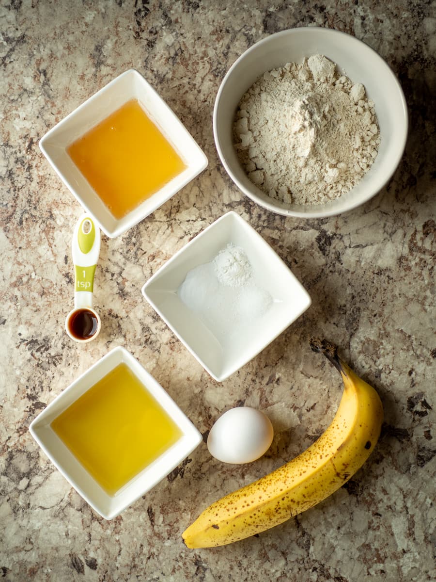Ingredients for oat flour banana muffins.