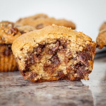Chocolate chip muffins with a bite taken out.