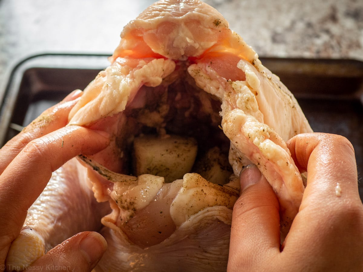 Chicken cavity stuffed with seasonings and onion.