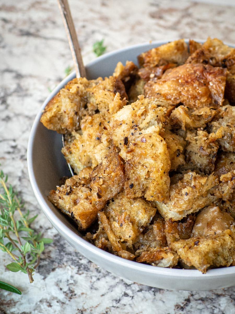 Close up of a bowl of bread dressing.