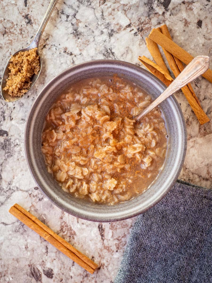 Bowl of oatmeal topped with cinnamon.
