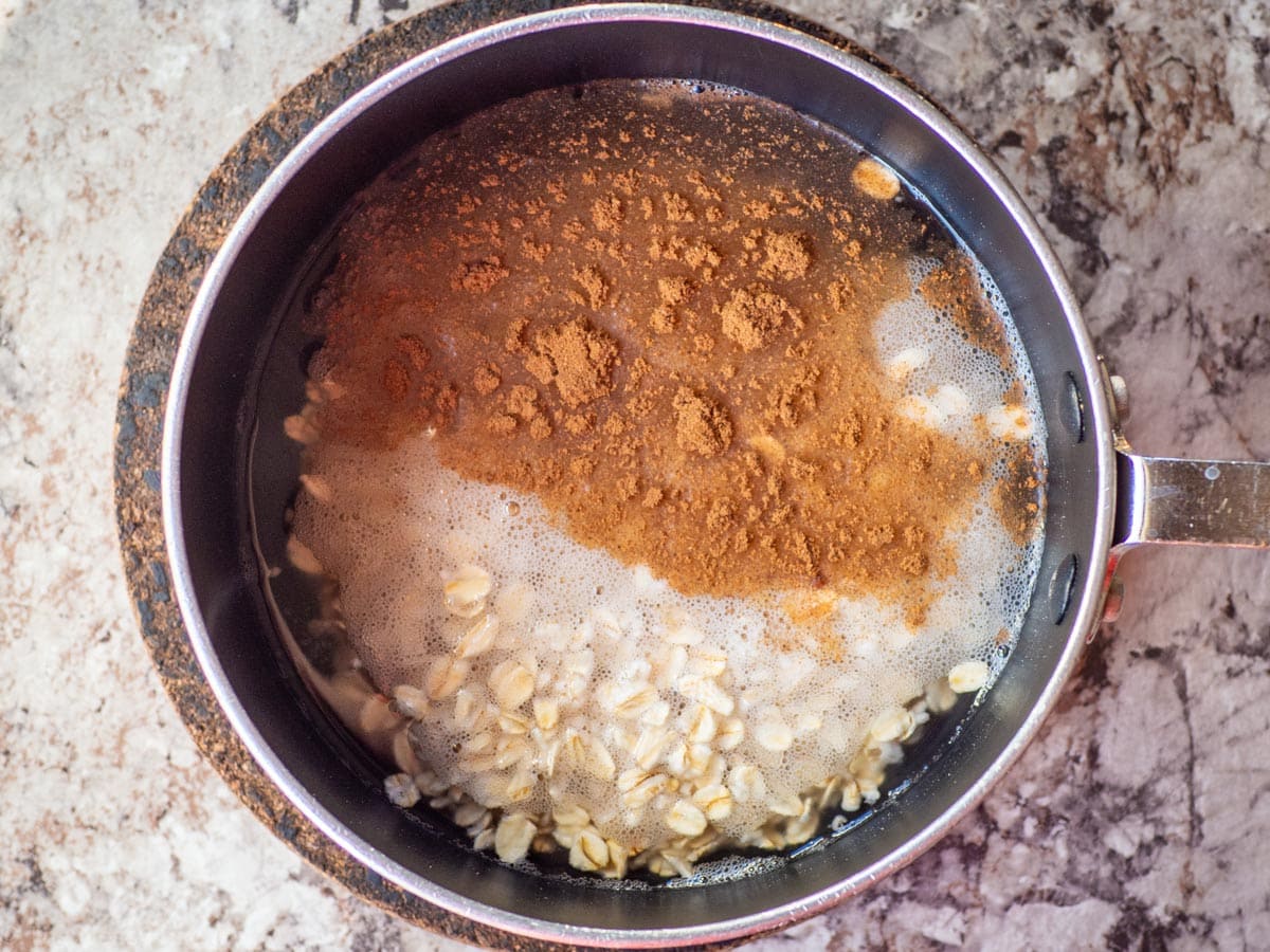 Boiling water in a pot with oats and cinnamon added.
