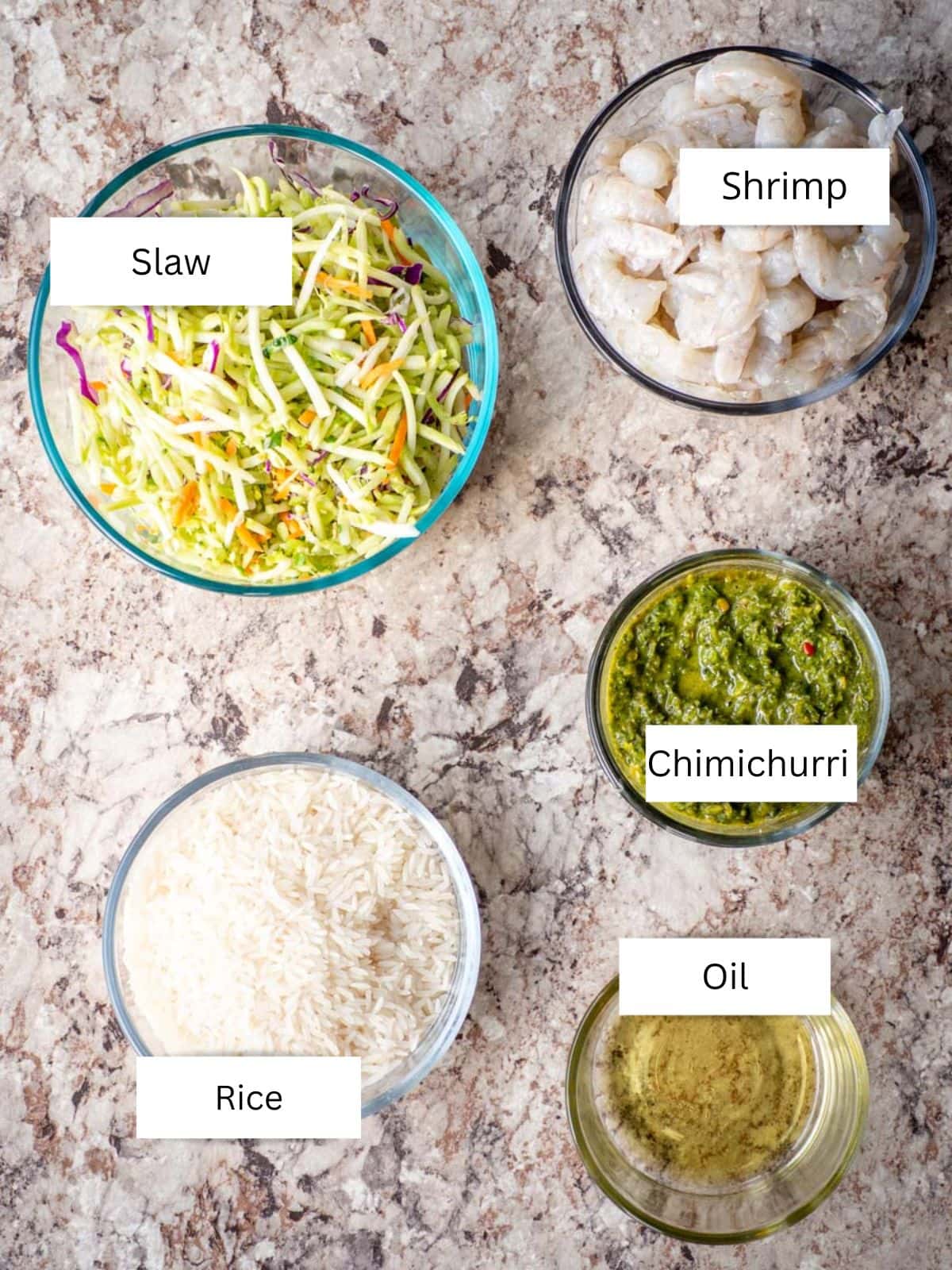 Ingredients for chimichurri shrimp bowls.