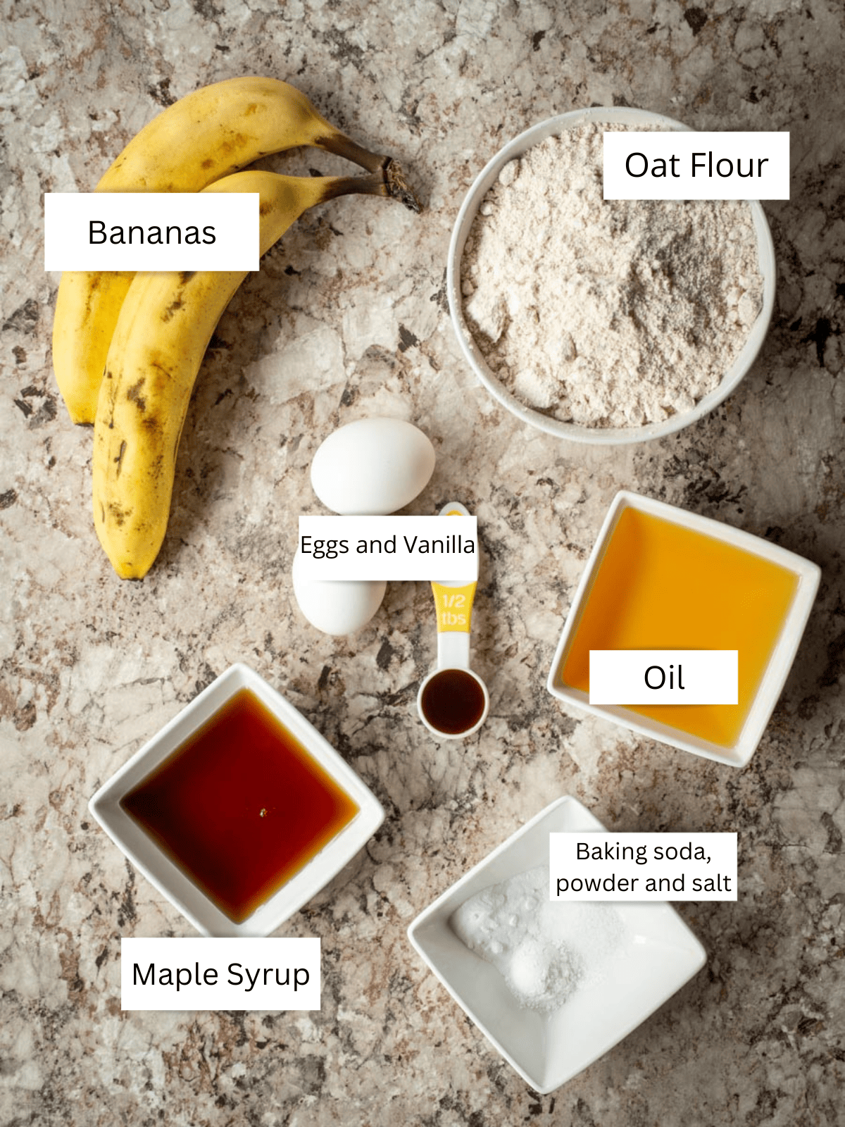 Ingredients for oat flour banana bread.