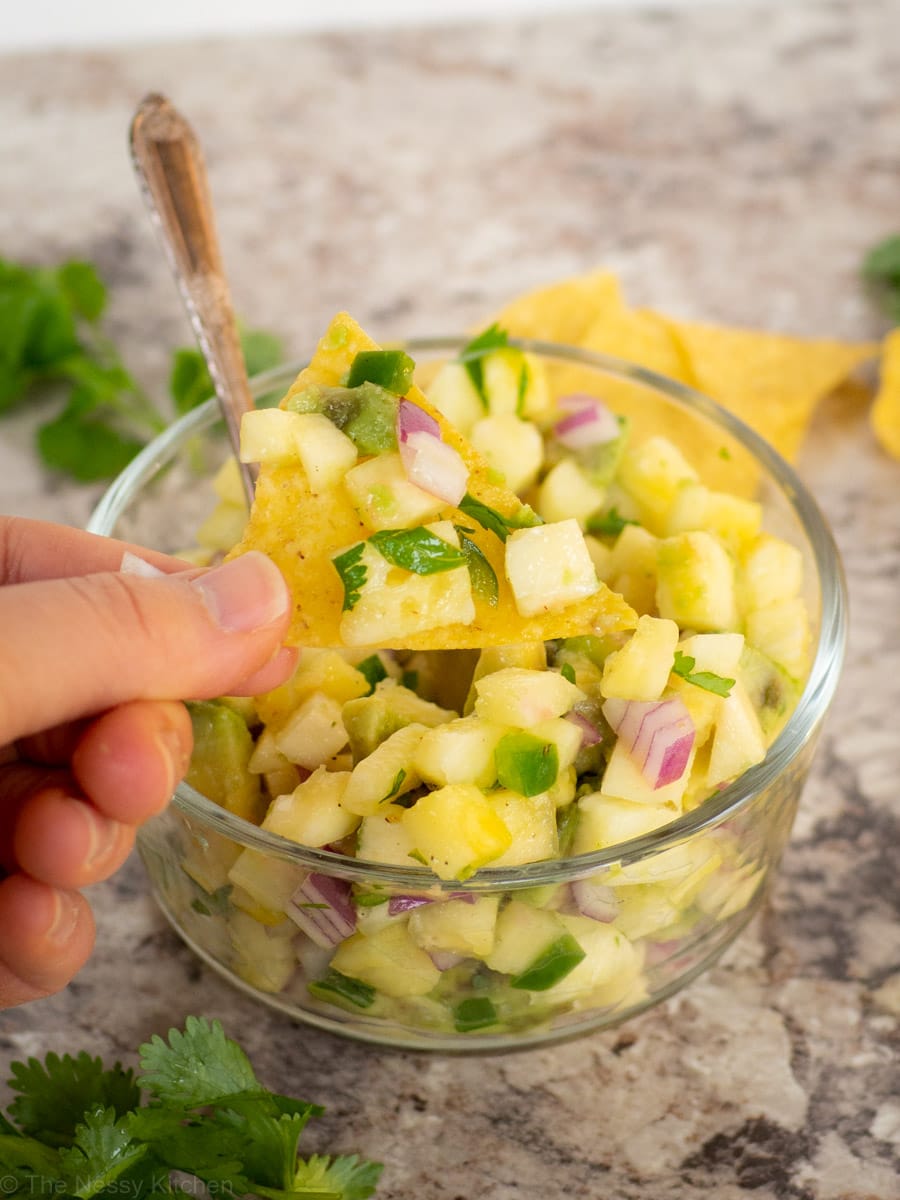 Hand dipping a tortilla chip into a bowl of fresh pineapple salsa.