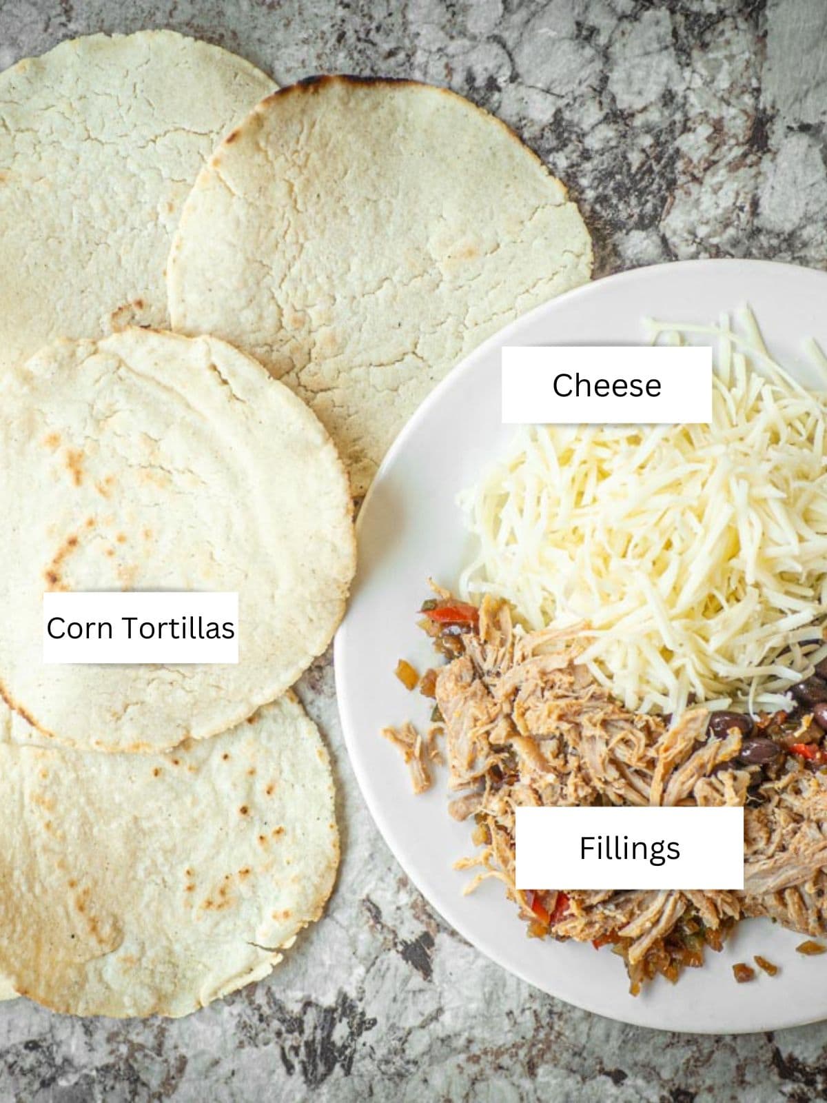 Ingredients for corn tortilla quesadillas.