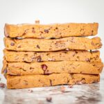 Stack of cookie dough protein bars.