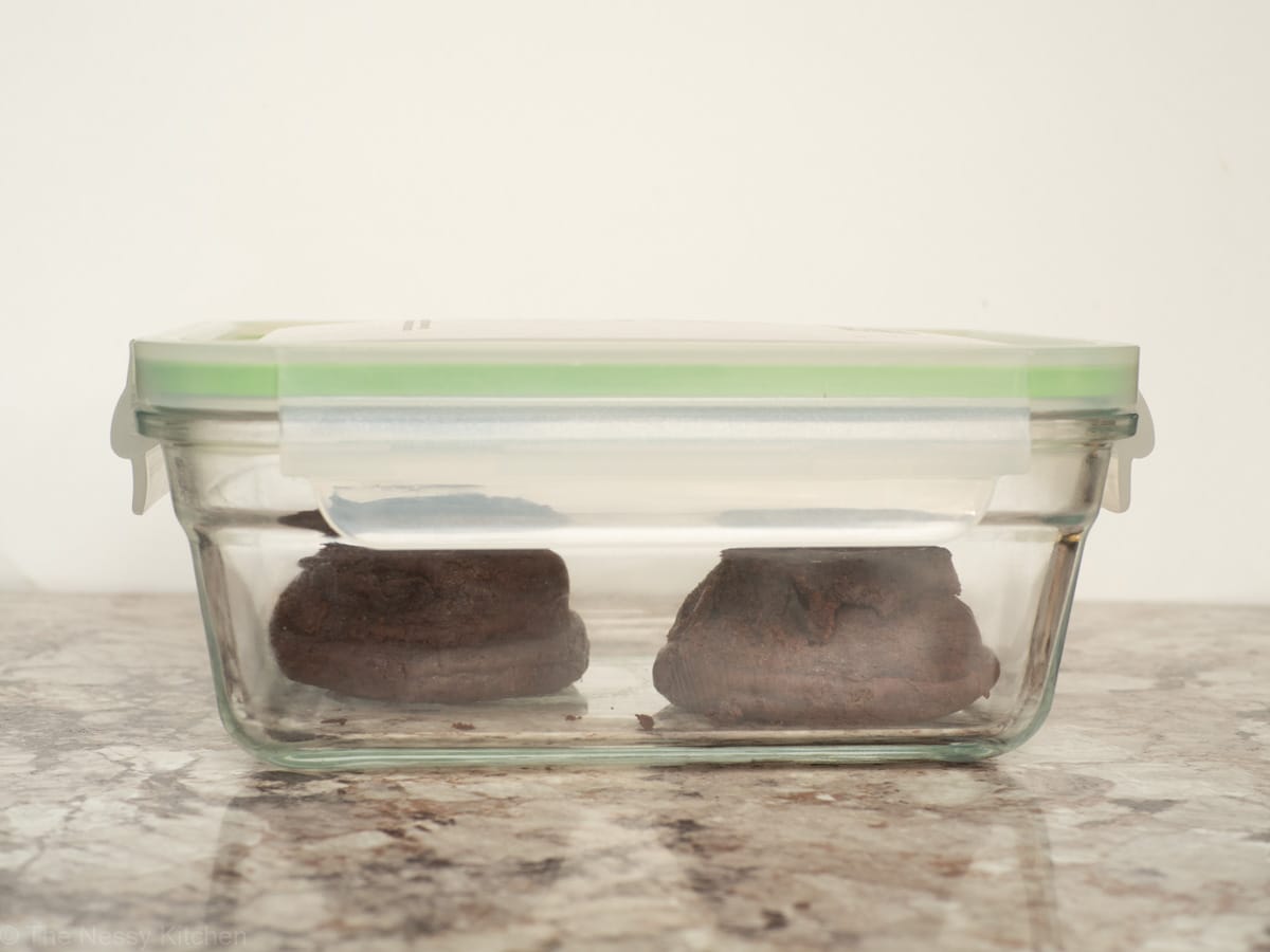 Lava cakes stored in a container.