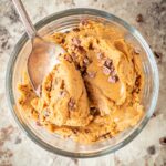 Bowl of easy protein cookie dough with a spoon.